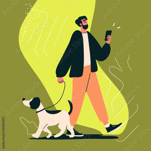 Walking with a Furry Friend: A cheerful man walks his dog, immersed in a digital world, as they enjoy a sunny stroll.