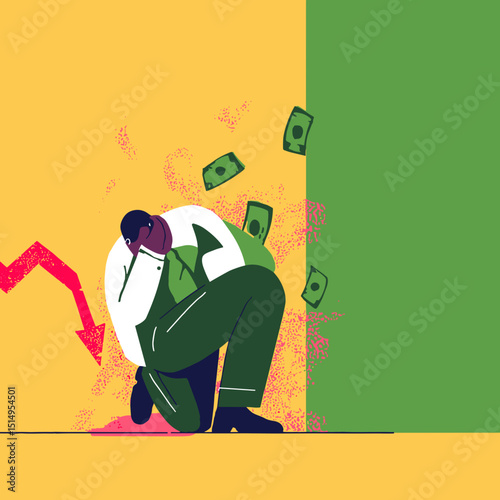 Financial Turmoil: An illustration capturing the emotional and financial toll of economic downturn. A person clings desperately to a bag of money as the market crashes in the background.