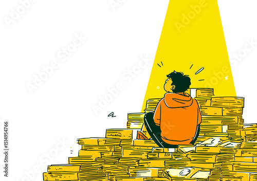Golden Dreamer: The illustrated depiction captures a person sitting atop a colossal pile of gold coins, bathed in the glow of a spotlight, embodying the spirit of dreams and ambition.