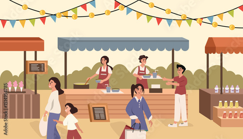 Street food fair. Food festive. Street market. Food fair event. People holiday. People buy foods. Summer foods festive. Ramyeon. Japanese foods.