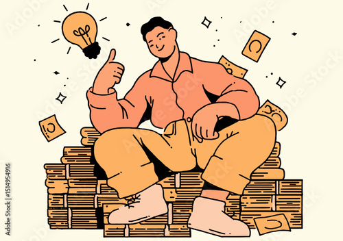 The Golden Idea: A man beams with confident satisfaction as he sits atop a mountain of cash, a glowing lightbulb indicating the perfect plan to achieve success.