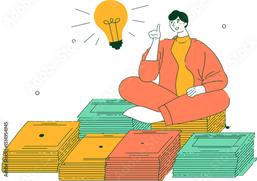 Financial Luminary: An inspired individual sitting atop a tower of books, a lightbulb symbolizing ingenious concepts, symbolizing the path to knowledge and financial insight. 