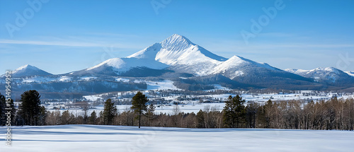 Snowy Mountain Range Panorama Under Clear Blue Sky