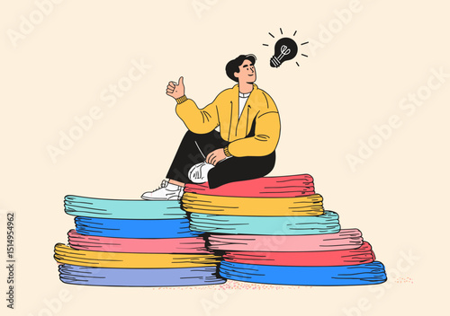 A Spark of Wisdom: A figure sits atop a vibrant stack of knowledge, a glowing bulb illuminating a moment of profound enlightenment and inspired thought. 