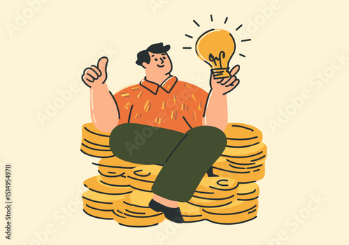 Illumination of Innovation: A creative figure, radiating with excitement, holds up a glowing lightbulb while perched atop a pile of golden coins.