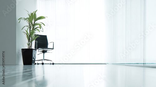 Minimalist office corner with ergonomic chair and plant, conveying modern simplicity and calm productivity.