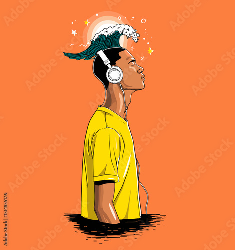 Mindful Melodies: A stylized illustration of a young man wearing headphones, with a wave cresting atop his head, symbolizing the calming power of music and introspection. 