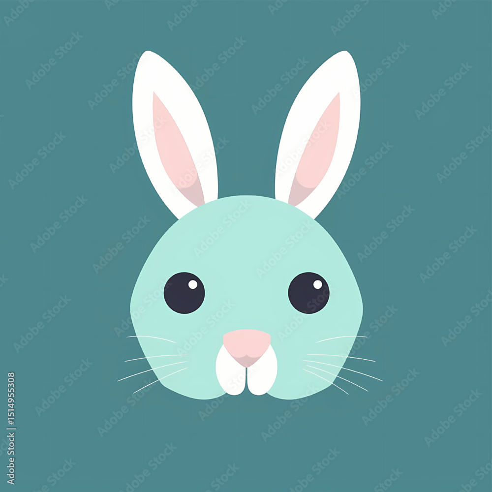 Obraz premium Bunny Portrait in Teal: A minimalistic illustration of a charming bunny with soft teal hues and subtle pink details. Perfect for playful designs and adding a touch of whimsy.