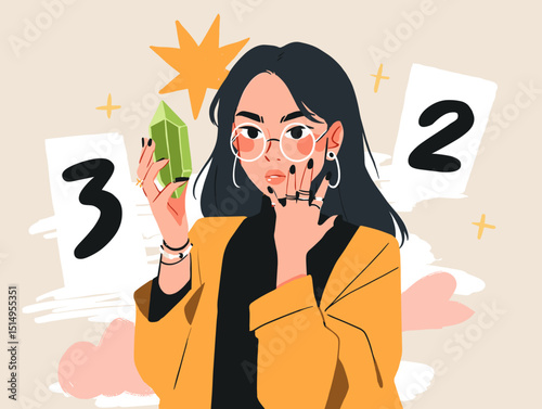 Mystical Decision Making: A portrait of a woman, holding a crystal and contemplating numbered choices, invites curiosity and reflects a moment of profound thought. 