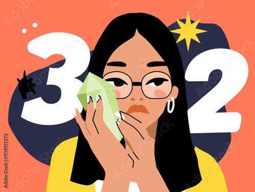 Mysterious Reflection: A woman with glasses gazing into a glowing, translucent crystal, surrounded by a vibrant setting.