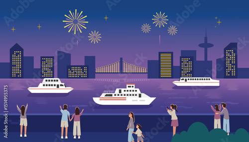 People watching fireworks. New year eve. Fireworks festive. Cityscape. City light. Harbor night festive. Cruise. City view across the bridge. 