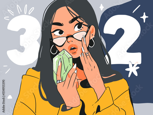 Surprised Woman with Crystal: A young woman with dark hair and glasses looks surprised while holding a green crystal. The number 32 is featured prominently in the illustration.