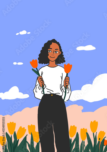 Blooming Joy: A cheerful individual cradles vibrant flowers, a testament to the joy of spring and the beauty of nature.