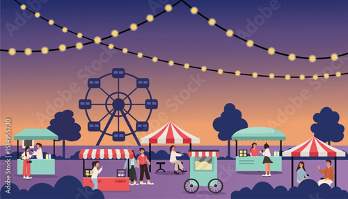 Night market illustration. Food stall. Ferris wheel in the amusement park. Family festival. Food street festival. Night event. New year event.