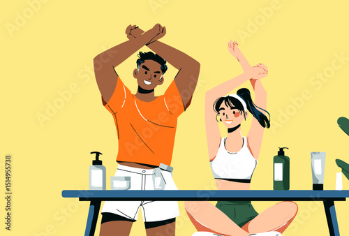 Couple's Skincare Routine: A stylized, cheerful illustration of a couple, arms crossed, sharing skincare products on a table. Representing a modern lifestyle.