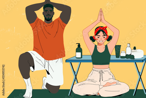 Yoga Companions: A serene illustration of a couple practicing yoga indoors, finding tranquility and balance together with beauty products and light background.
