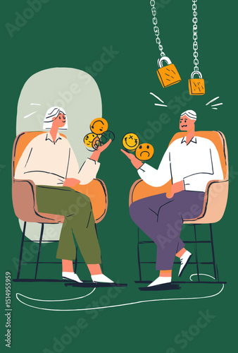 Unlocking Emotions: Depicting a therapy session with two individuals sharing their emotional burdens and struggles and unlocking happiness. 