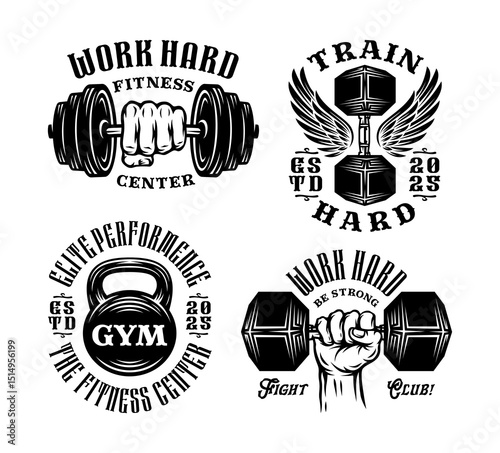 Set of gym fitness logo badge in vintage style isolated vector. Hand lifting dumbbell in vintage style