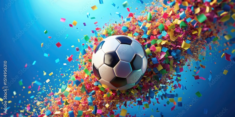 Naklejka premium Vibrant soccer ball surrounded by swirling clouds of colorful confetti against a bright blue background, colorful confetti, dynamic movement
