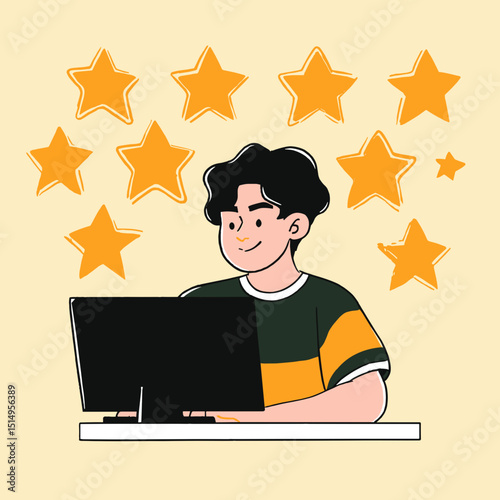 Rising Star Rating: A happy individual, surrounded by a constellation of star icons, diligently engages with a computer, embodying the pursuit of excellence and glowing reviews.