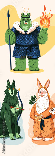 Enchanted Creatures: A whimsical illustration of an anthropomorphic creatures, each embodying a unique character in a vibrant, fantasy scene. 