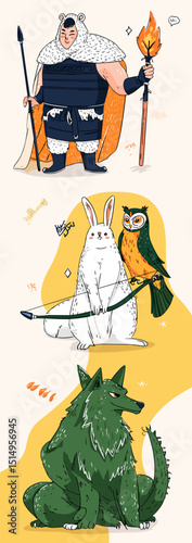 Mythical Creatures Series: Depicting a selection of fantastical creatures, each imbued with unique elements of narrative in a flat style. 