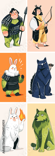 Cute Cartoon Characters Collection: A delightful collection of six unique cartoon characters, including a warrior, archer, rabbit, cat, and wolf, showcasing vibrant colors and expressive designs.