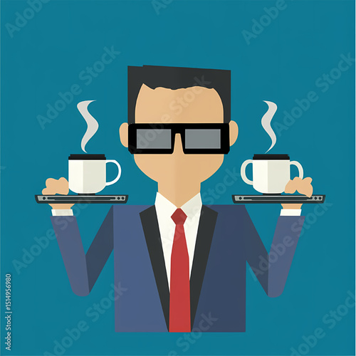 Coffee Connoisseur: An illustrated man, styled in business attire, balances two trays, each holding a steaming coffee cup, a concept evoking professionalism and beverage service. 