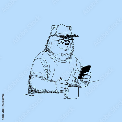 Bear Working on His Phone: An anthropomorphic bear, smartly dressed with glasses and a cap, deeply engrossed in his smartphone while sipping from a mug in this unique illustration.