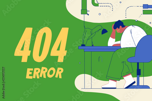 404 Error Illustration: Stressed man experiencing a 404 error on his computer, depicted in a vibrant and illustrative style.