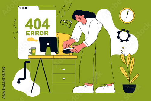 Digital Disconnect: A person struggles with a computer error at a desk, surrounded by design elements, encapsulating the frustration of technical difficulties.