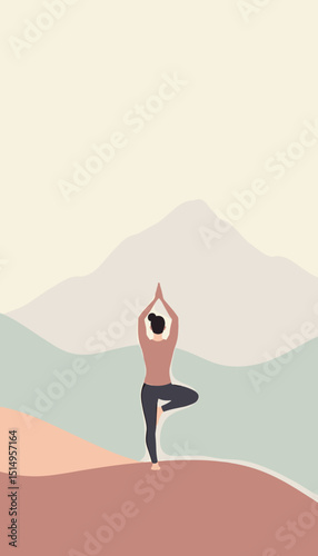 Serene woman practicing yoga in tree pose against tranquil mountain landscape, copy space
