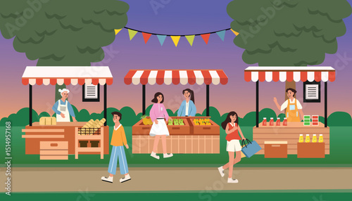 City event. Night market. Family festival. Food stall. Food stand. Summer event. 