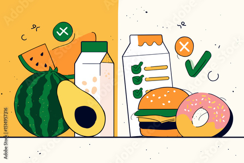 Nutrition Contrast: A vibrant composition explores the contrast between healthy food choices like fruit and milk versus less healthy options, symbolized by a burger and doughnut.