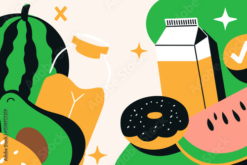 Fresh and Delicious: An appetizing collection of wholesome and mouthwatering foods and drinks in an artistic illustration, creating an ideal visual for healthy eating and enjoyment.