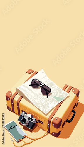 Chic luggage with sunglasses, vintage camera, and travel map, copy space