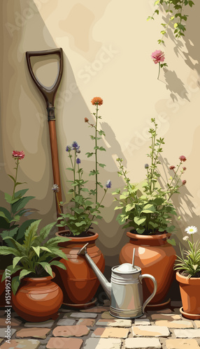 Gardening tools and flower pots with blooming plants in a cozy garden corner, copy space