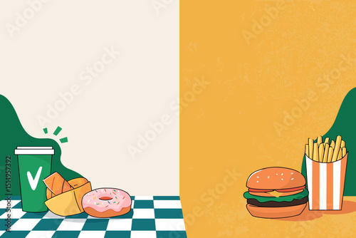 Appetizing Feast Illustration: This is a visual feast of food that celebrates classic fast-food, each element artfully arranged against a clean backdrop.