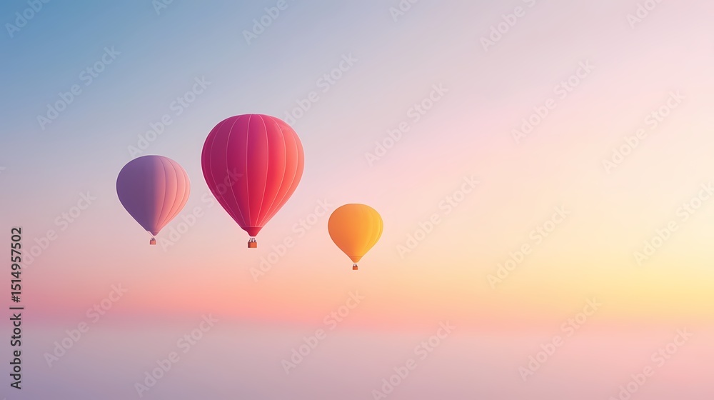Fototapeta Three colorful hot air balloons soaring in a pastel sunrise sky.  Conceptual image of adventure, freedom, travel, and dreams.