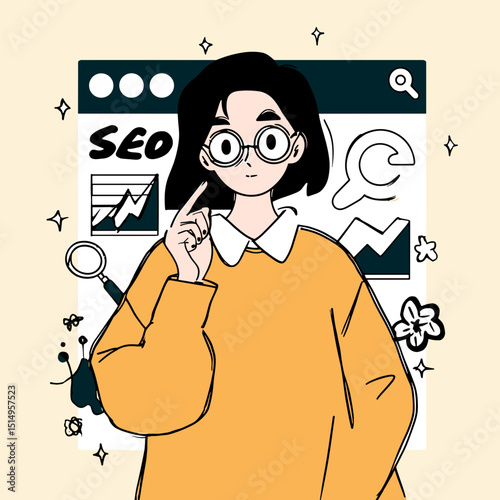Strategic Thinking in the Digital Age: A woman contemplating digital strategies for online optimization, surrounded by elements of data analysis and digital marketing.