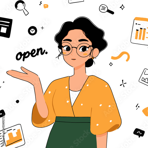 "Open Invitation: An illustrated image of a woman gracefully presenting to new opportunitise"