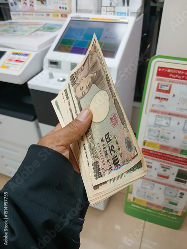 Japanese money. Close-up of a 10,000 yen bill. Japanese banknotes being held by a man
