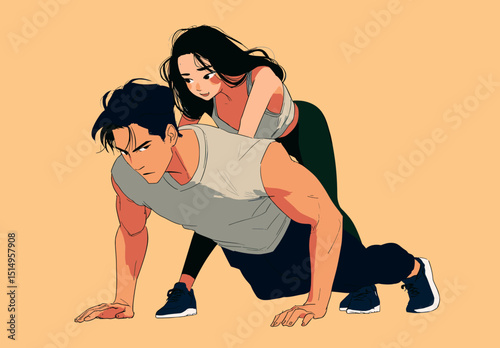 Workout Challenge: Dynamic depiction of a couple engaged in a unique fitness challenge, focusing on strength, balance, and playful partnership.