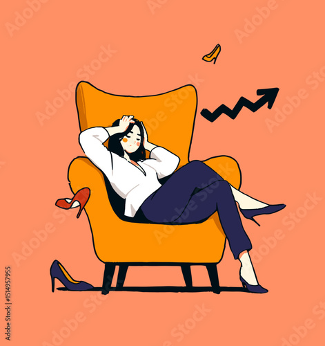 Businesswoman Stressing with Graph: A stressed businesswoman sitting in a chair with her shoes off, and graph arrow pointed up.