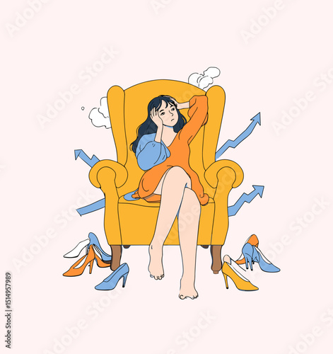 Overwhelmed by Expectations: A stylish woman sits in armchair surrounded by shoes and arrows pointing up, hand on her head, illustrating pressure from expectation.