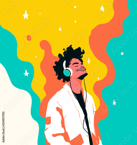 Harmony in Sound: A man is immersed in a world of music, closed eyes, headphones and musical expression in colorful world. 
