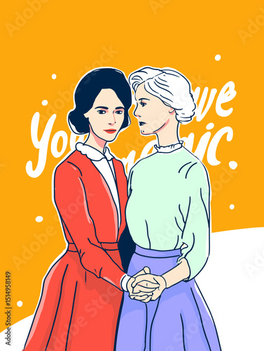 Timeless Connection: Two women gaze intently at each other, their hands gently intertwined against a backdrop of soft color and a meaningful phrase.