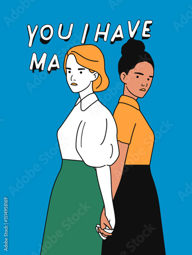 Bond of unity: two person holding hand, with emotional faces on a bright blue backdrop, the image highlights the power of mutual support and understanding.