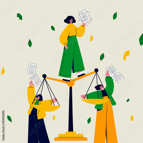 Balancing Act of Justice: Illustrated representation of the legal system, with three individuals standing on scales, holding paper, symbolizing the balance and fairness in the judicial process.