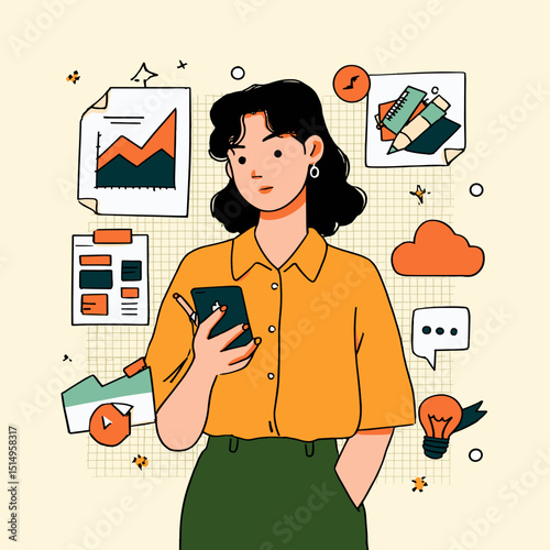 Smart Work, Smart Lifestyle: A young lady in her productive moment of life, dressed in formal attire, thoughtfully engages with her mobile phone.